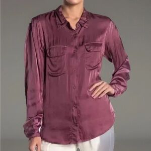 YOUNG FABULOUS BROKE Blouse Womens X-Small Plum Satin Button Up Career Office